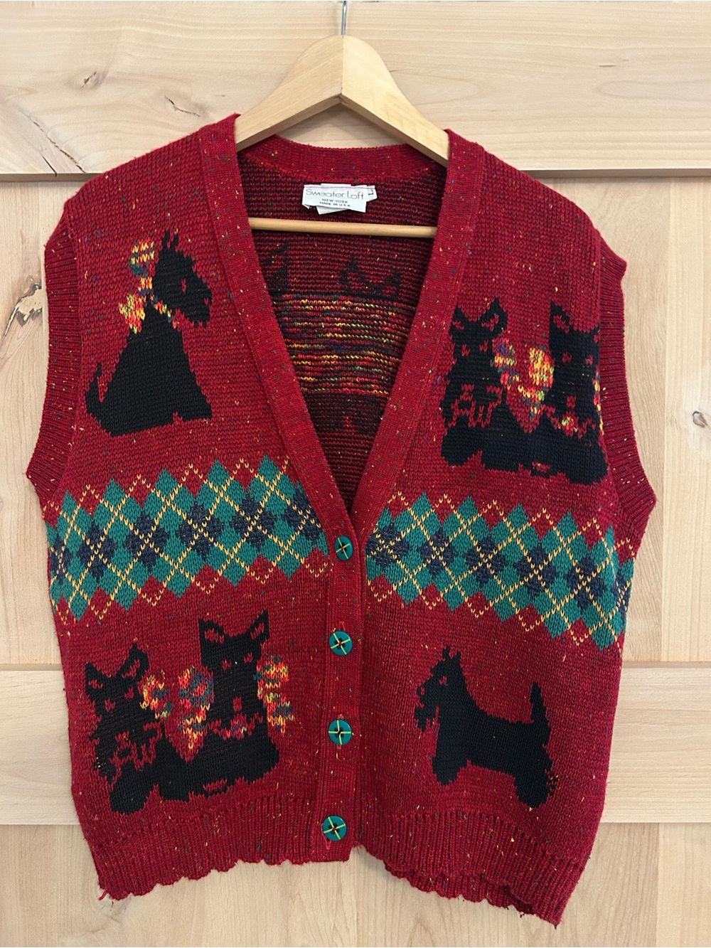 Sweater Loft Women’s VTG confetti red festive holiday Scottie sweater vest large